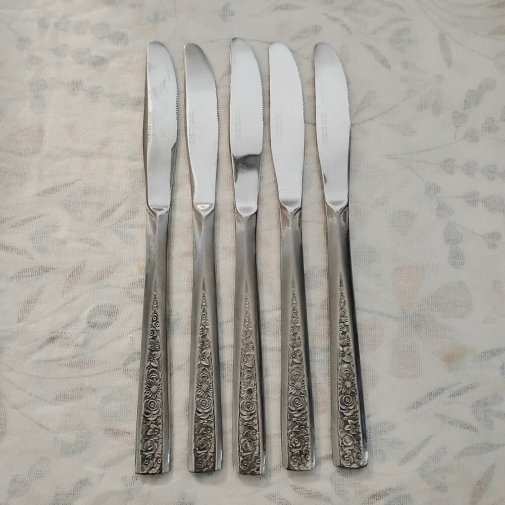 5 Orleans Silver ORL39 Stainless Steel Dinner Knives Floral 8 3/8" Korea